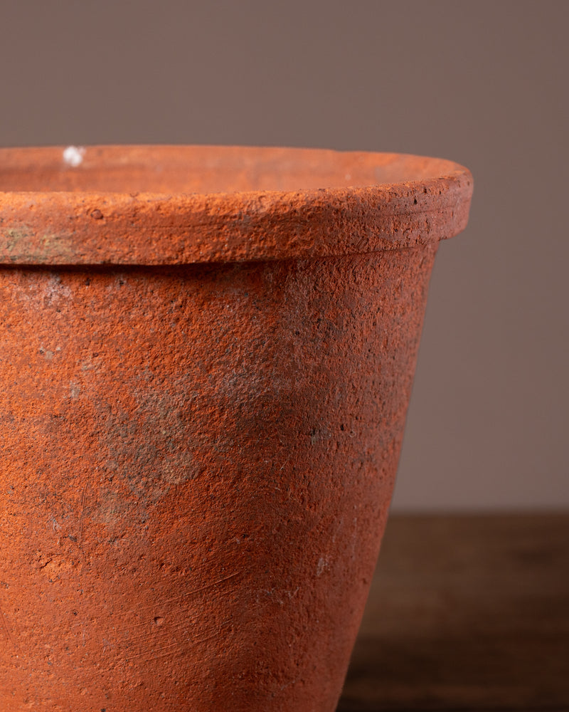 Close-up of a terracotta pot with a brown background