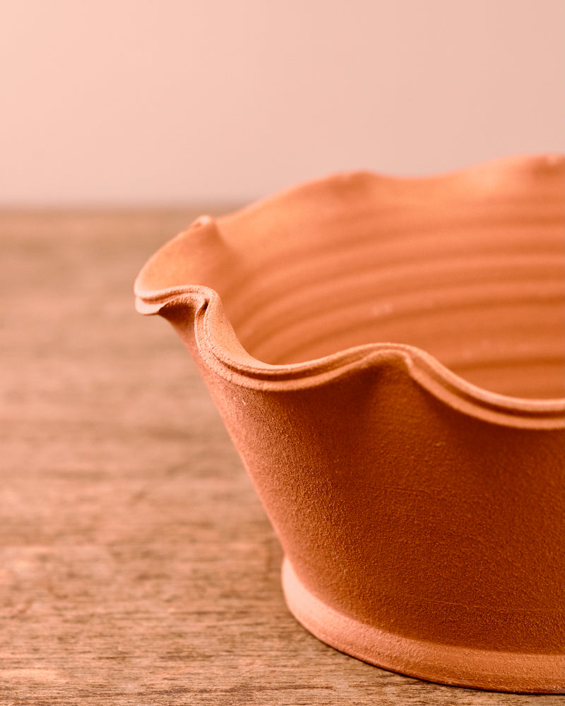 Terracotta planter with scalloped edge on a wooden surface
