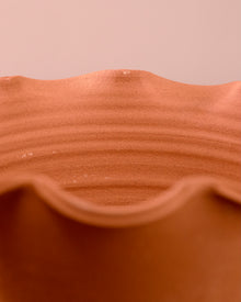 Terracotta planter with scalloped edge on a wooden surface