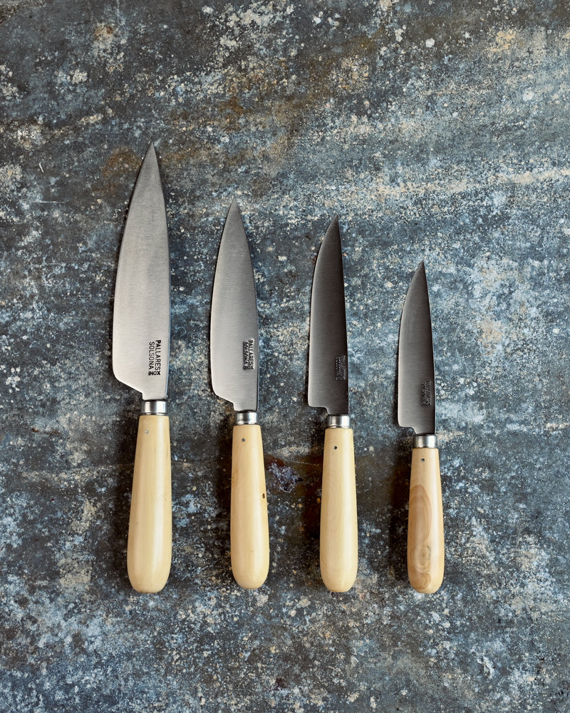 Set of four knives with wooden handles on a textured stone surface