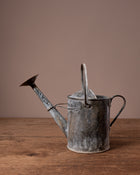 Vintage metal watering can on a wooden surface with a brown background