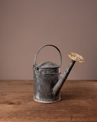 Vintage metal watering can on a wooden surface with a brown background